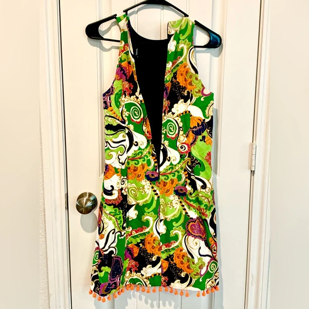 Trina Turk Colorful Patterned Sleeveless Midi Dress With Bead Detail Womens Sz10
